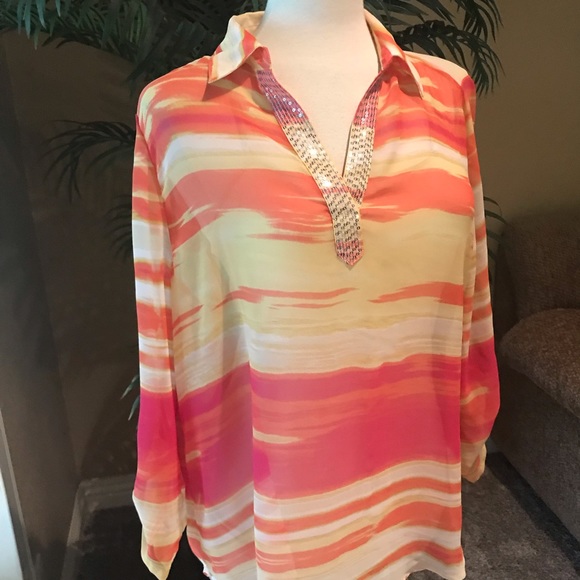 Chicos 2 semi sheer pullover pulltab sleeves top - Picture 7 of 8